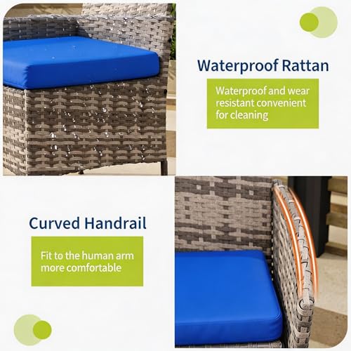 Image of GAOMON 3-Piece Patio Conversation Bistro Set - PE Rattan Wicker - 2 Cushioned Chairs & Tempered Glass Coffee Table - Water-Resistant Cushions for Backyard, Porch, Balcony, Poolside - Grey /Blue