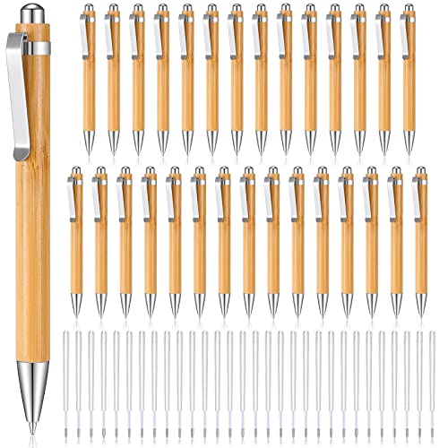 Engraving Bamboo Pens For Students 2023 Back To School Supplies Bulk Natural Wood Retractable Bamboo Pen With Extra Black Ink Refills Ballpoint Pen Journaling Pen, For School Office Supply (30 Pcs) #TOP23