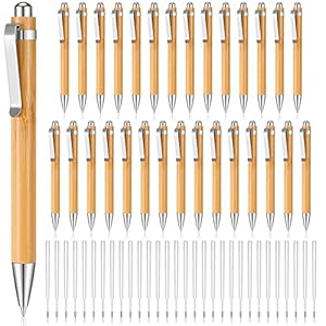 Fainne Bamboo Pens Bulk Wood Natural Engraving Retractable Bamboo Pen with Extra Black Ink Refills Ballpoint Pen Journaling Pen(30 Pcs)