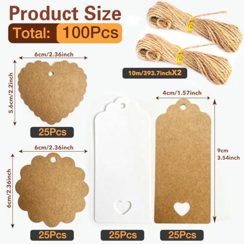 étiquettes cadeaux en papier kraft 4,5x9cm étiquettes de mariage (100, Blanc 50 + Marron 50) – vue 2