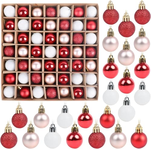 SULOLI 49PCS Bolas de Navidad de 3cm，Conjunto de Bolas de Navidad，Hermosa Bola de Árbol de Navida,Bolas Navideñas de Plástico para Decoración del Banquete de Boda，Cumpleaños,Hogar(Rojo y Blanco)