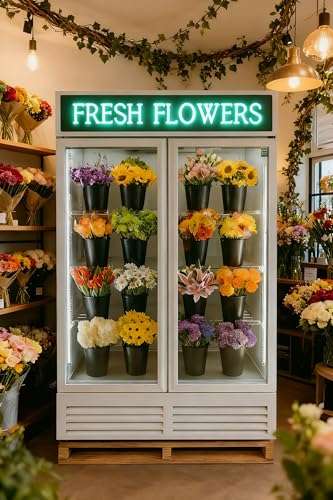 Image of Commercial Flower Refrigerator Floral Display Cooler,White 2 Glass Doors Fridge With LED Light Adjustable Shelves,ETLSanitation Approval,40 inch Wide, Adjustable Shelves & Wheels Included