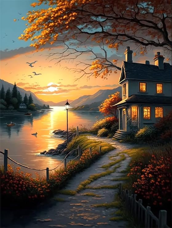 River Views - Kits de pintura de diamantes para adultos y niños, arte redondo de taladro completo 5D, perfecto para decoración de pared del hogar,