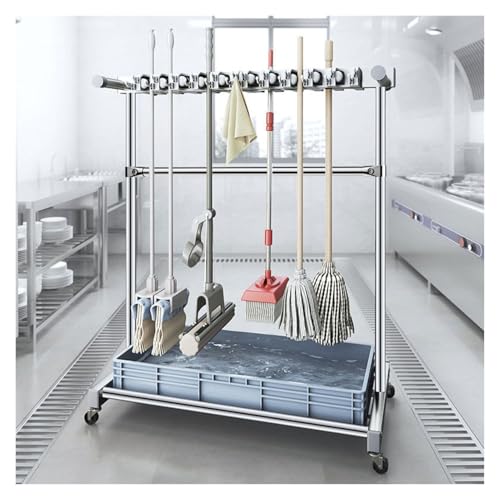 Estante para escobas y fregonas de acero inoxidable con ganchos y ranuras, organizador de herramientas de pie para garaje, jardín, escuela, hospital y almacenamiento de fábrica