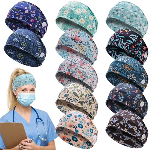 JATEBI 12 Pcs Nurse Headbands for Women - Non Slip Nursing Headbands with Buttons Wide Elastic Ear Protection Hair Bands Sweatband Head Wrap Gift for Nicu Obstetrics Nurse DoctorDark Floral