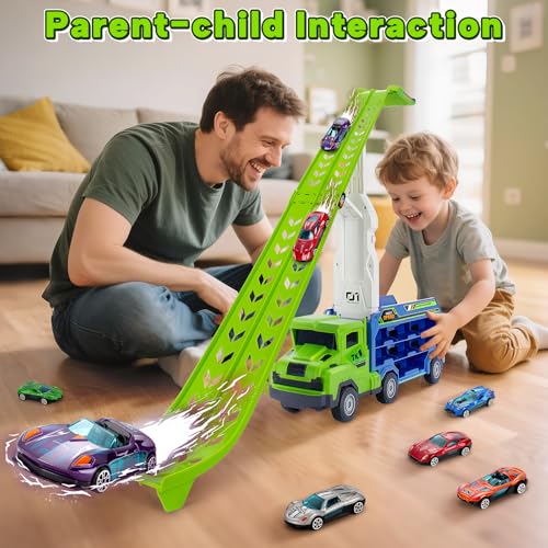 Image of Carrier Truck Toy for 3-5 Year Old Boy, 27 In Race Track, 6 Metal Cars