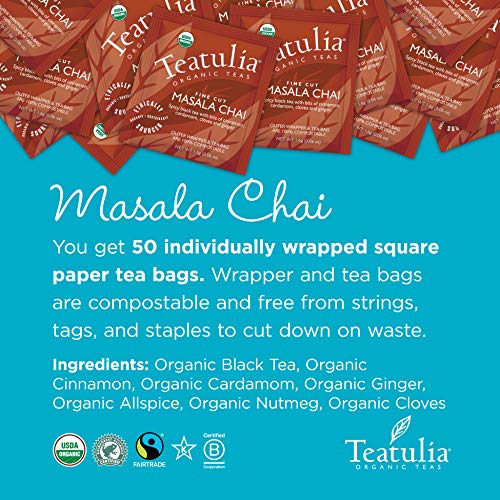 Teatulia Organic Chai Tea Bags (50 Wrapped Tea Bags) | 100% Compostable | Sustainably Grown In Bangladesh | Black Tea, Cinnamon, Cardamom, Ginger Root, Black Pepper & Cloves #TOP1