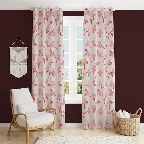Image of Floral Printed Home Decor Curtains for Living Room, Bedroom Doors and Windows Panel, Parda, Eyelets Hanging, Pink, 4 x 9 Feet, Pack of 2