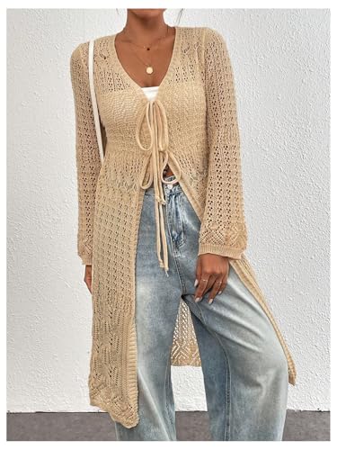 MakeMeChic Women's Long Sleeve Crochet Tops Hollow Out Knitted Cardigan V Neck Tie Front Long Outerwear3