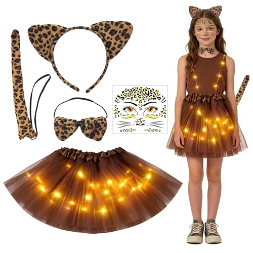 Dongcill Leuchtende Leoparden Kostüm Kinder 5 Stück Tierkostüm Kinder mit Leopardenohren Katzenschwanz Krawatte Gesichtsaufkleber Leopard Verkleiden Set für Karneval Halloween Motto Party