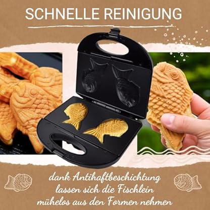 Syntrox Taiyaki Maker | Grill | Fisch Waffeleisen Fischform | Japanisches Gebäck, 750W, japanische Süßspeisen, Überhitzungsschutz, Küchenhelfer, rutschfeste Backplatte, Edelstahl – Bild 7