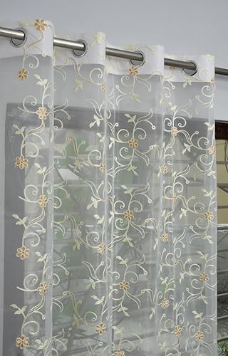 Image of Fabrilia Floral Pattern Embroidery Tissue Net Sheer Transparent Curtains for Window 5 feet Long Set of 2, White