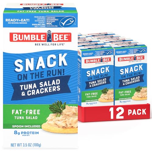 Image of Bumble Bee Snack On The Run Fat-Free Tuna Salad with Crackers Kit- Ready to Eat, Spoon Included - Wild Caught Tuna - Shelf Stable & Convenient Protein Snack, 3.5 Ounce Boxes (Pack of 12) | Ready to Eat Easy-Open Canned Tuna Salad with Crackers Snack Pack, 8g Protein per Box, Wild Caught MSC Certified Tuna