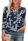 Aokosor Womens 3/4 Sleeve Tops Ladies Blouses V Neck T Shirts Fashion Dressy Tunic Blouses Curved Hem Size 10-12 Deep Blue White Floral