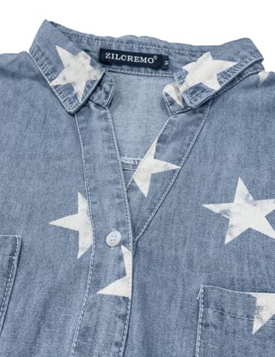 Image of Zilcremo Women Denim Dress Long Sleeve Button Down Jean Shirt | Chambray Casual Tunic Top,Distressed,Fringe Hem,Loose Fit,Mini Length,Country Concert Outfits,Daily Wear,for Spring and Fall