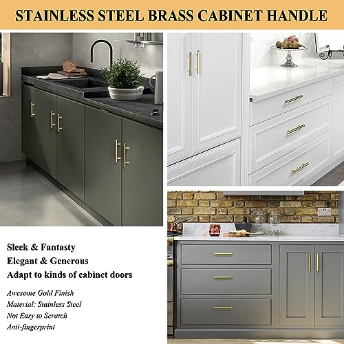 Plustool 30Pack 3''Hole Centers Gold Cabinet Handles-Brushed Brass Cabinet Pulls Gold Dresser Drawer Pulls-Stainless Steel Door Hardware for Kitchen Bathroom Bedroom Furniture-5''Overall Length by Plustool - Image 5