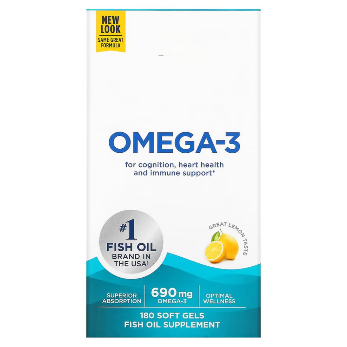 Omega-3 690 mg Softgel, assorbimento superiore, integratore di olio di pesce, aroma di limone, 180 pezzi per bottiglia