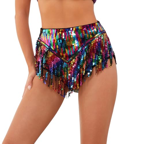 ABEHIK Damen Pailletten Shorts Glitzer Musikfestival Rave Hot Pants Sommer Kurze Partyshorts mit Fransen Karnevalskostüm...