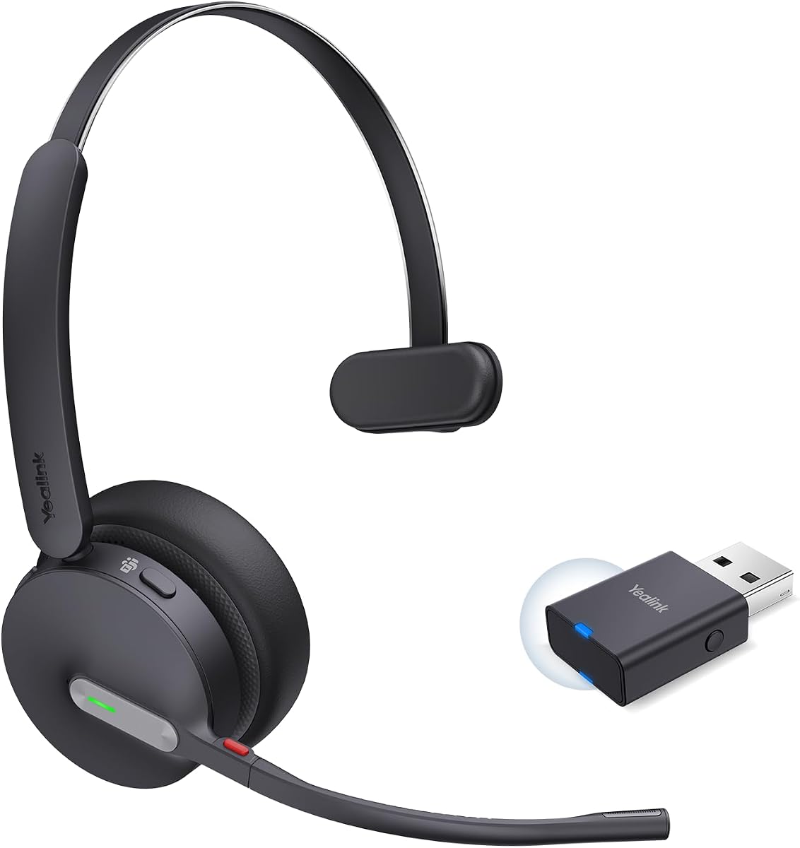 WH64 Hybrid Mono DECT Bluetooth Wireless Headset with Mic for Work | Teams Zoom Certified, Single Headphones with USB DECT Dongle for PC Mobile, 492ft Long Range, 3X Mic Noise Canceling, 26H