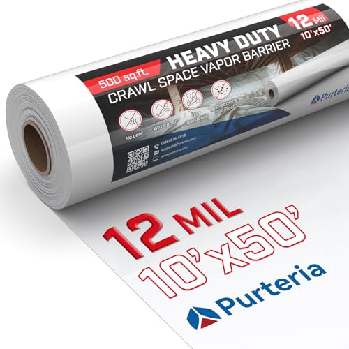 Purteria Crawl Space Vapor Barrier, 12 Mil 10' x 50', White Vapor Barrier, Thick Plastic Sheeting, Heavy Duty Polyethylene Film, Drop Cloth Covering for Crawl Space, Basement, Garden
