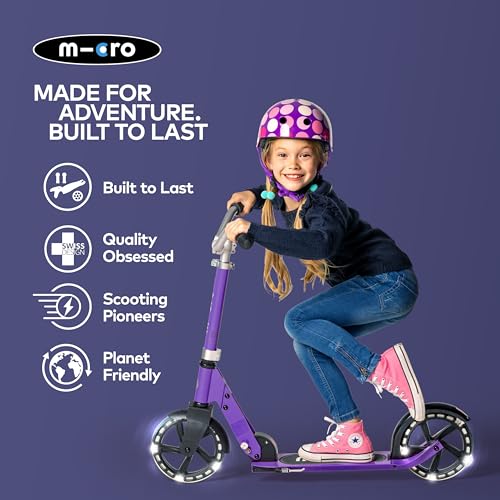Micro Scooters | Cruiser LED Kinderscooter | Lenker verstellbar | leicht | Leuchtende R&auml;der | Faltbar | 6-12 Jahre | Jungen & M&auml;dchen | Lila