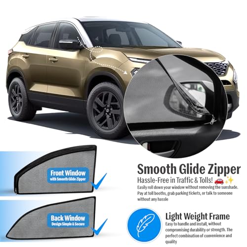 Image of Autofact Magnetic Car Sunshades Compatible with Tata Harrier (Set of 4) - Easy Installation, UV Protection, Keeps Car Cool (Front 2 with Zippers for Easy Access, Rear 2 Without Zippers)
