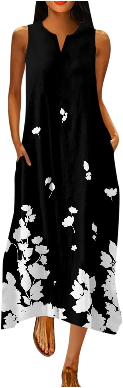 HUANKD Women's Dresses 2023 Fashion Sleeveless Printed Pocket V Neck Loose Casual Long Dress Sundresses
