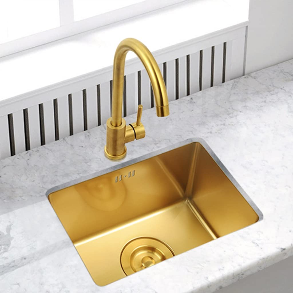 Lavello da Bar con Vasca Singola e lavello Rettangolare in Acciaio Inox 304 con Rubinetto e Scarico, Montaggio Superiore o sottopiano (Oro 55x40x21,5 cm)