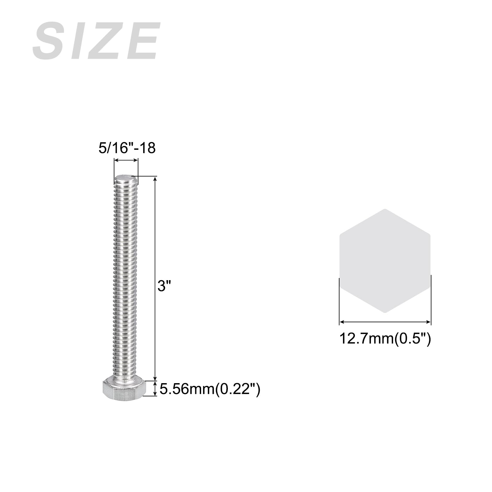 METALLIXITY Hex Head Bolts (5/16-18 x 3") 10Pcs, 304 Stainless Steel 18-8, Fully Threaded, External Hex Drive, Plain Finish, Hex Head Screw Bolt, Silver - Image 2