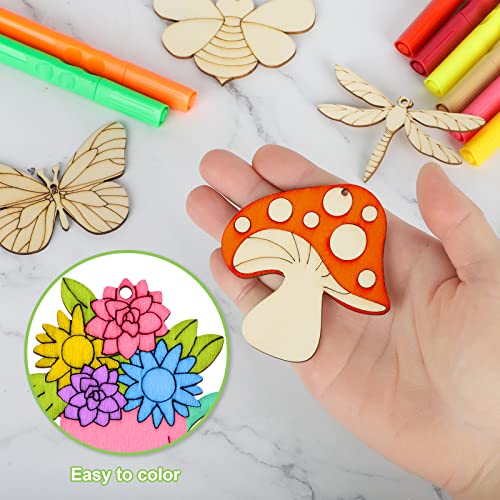 80Pcs Wooden Spring Ornaments To Paint, 8 Styles Diy Blank Unfinished Wood Cutouts Ornament For Home Crafts Hanging Decorations, Insect Dragonfly Butterfly Snail Watering Can Mushroom Flower Shape #TOP1