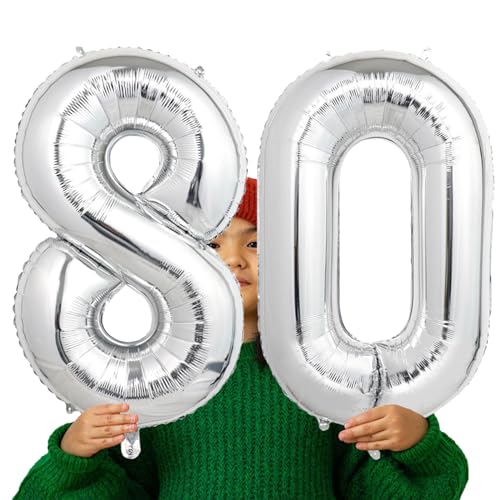 Image of Number Balloons Silver Party Balloon - Giant Number 80 Balloon, 40 Inch Large Balloon for 80th Birthday Decorations, Silver Party Supplies for Anniversary