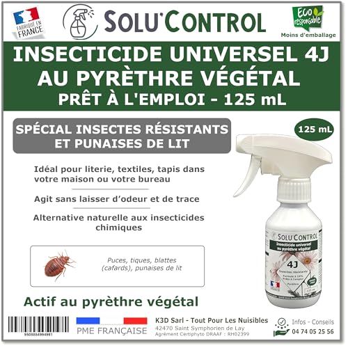 Solu’Control Insecticide Universel 4J au Pyrèthre Végétal – Prêt à l’Emploi 125 mL – Spécial Punaises de Lit & Insectes Résistants – Sans PBO – Fabriqué en France