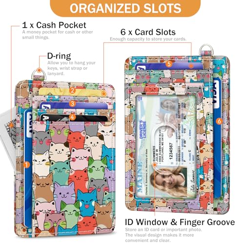 Image of Yonlevres Cat Credit Card Holder Slim RFID Wallet Women Small Travel Cute | Front Pocket, Handy, RFID Blocking, Woman Girls Ladies Gifts, D-ring for Keychain,Thin Mini Card Case, ID Window, PU Leather