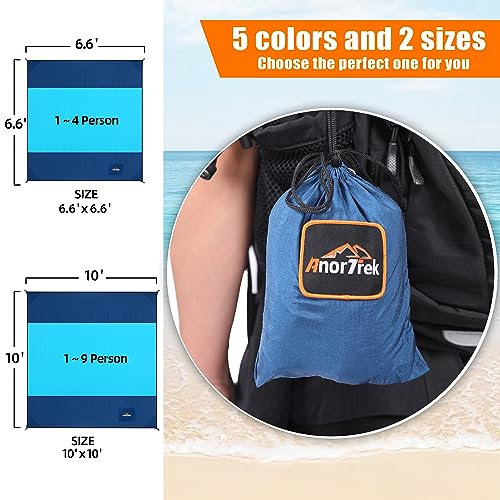 AnorTrek Beach Blanket Sandproof, Extra Large Beach Mat, Sand Free Mat Quick Drying, Lightweight, Soft & Durable Mat for Beach, Yard (Dark Blue & Blue, 10 x 10 FT (1～9 Person))