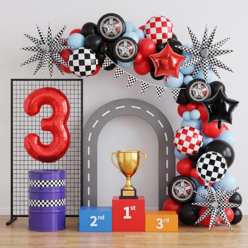 Image of TONIFUL Race Car Party Balloons Set - 40 Inch Red Number 3 Foil Balloon with Checkered Round, Explosion Star & Star Balloons for Boys 3rd Birthday Car Themed Decorations, Photo Backdrop Supplies