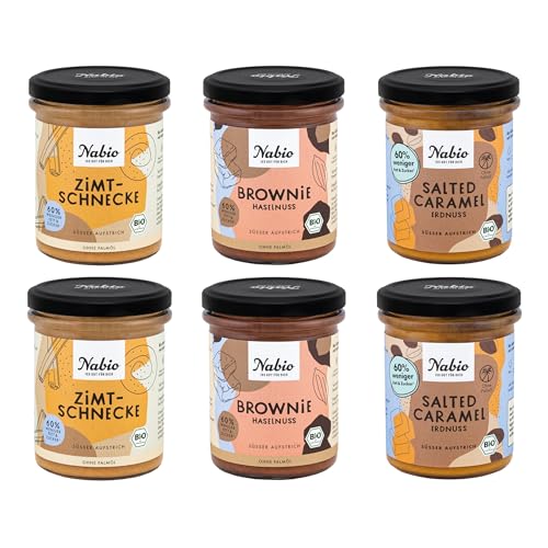 NABIO | 6er Box Süße Aufstriche I Je 2x Zimtschnecke, Brownie Haselnuss und Salted Caramel I vegan und ohne Palmöl I (6 x 175g)