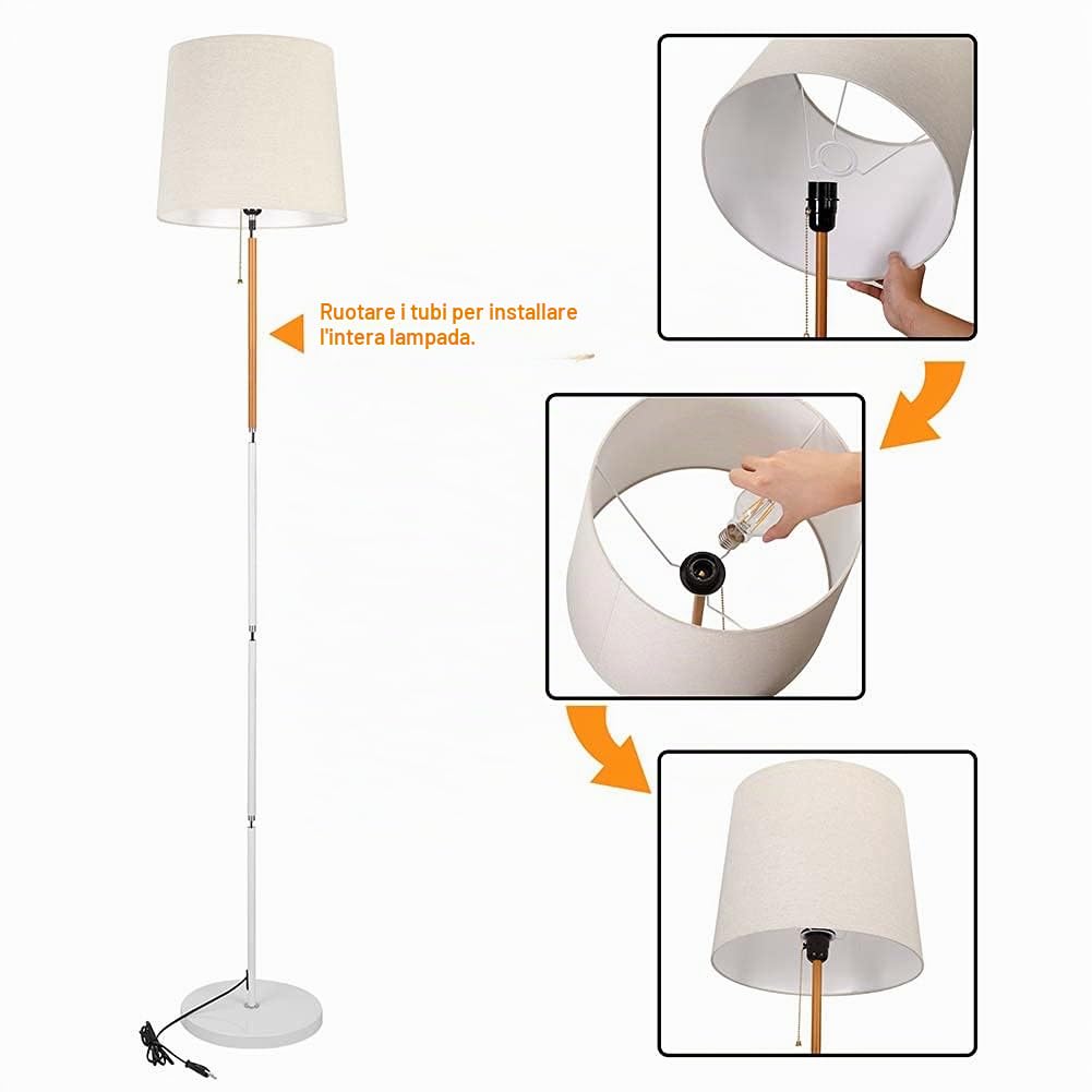 BAKAJI Lampada Piantana da Terra Luce Lampadina E27 Max 60W Base Rotonda Struttura in Metallo e Legno Paralume in Tessuto Design Moderno Accensione a Catena Altezza 170 cm (Bianco)