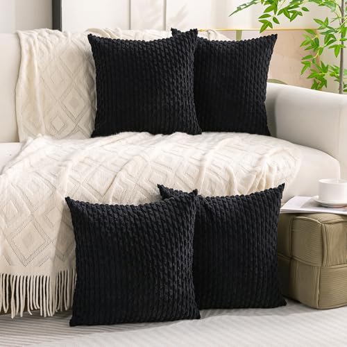 Set of 4 Black Decorative Throw Pillow Covers 24x24 Inch Corduroy Pillow Covers for Bed Couch Sofa Living Room Soft Square Cushion Cases