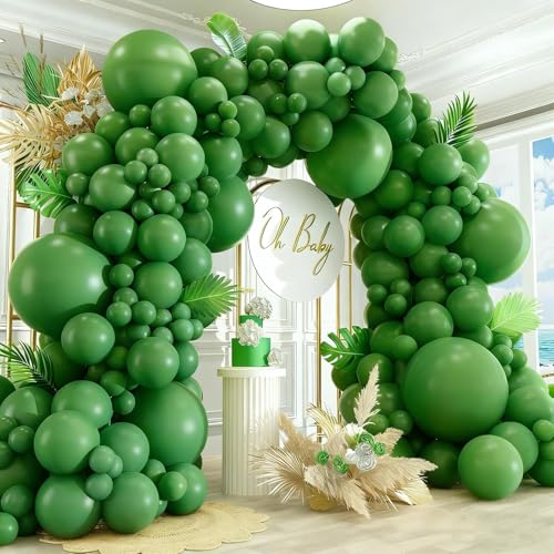 Image of 412pcs Sage Green Balloon Garland Arch Kit 18 12 10 5 Inch Different Sizes Matte Latex Olive Balloons for Baby Shower Birthday Wedding Jungle Dinosaur Summer Theme Party Decoration