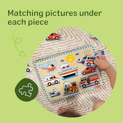 Image of Melissa & Doug Vehicles Sound Puzzle - Wooden Peg Puzzle with Light-Activated Sound Effects (8 pcs) Puzzles for Toddlers, Wooden Puzzles for Kids Ages 2+ (Pack of 12)