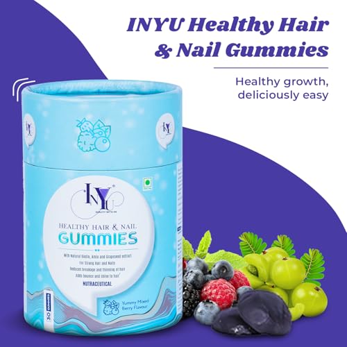 Image of INYU Biotin Hair Gummies for Stronger, Shinier Hair & Nails - 60 Days Pack | No Added Sugar | Gummies with Amla & Grapeseed Extract | Reduces Hair Fall & Strengthens Nails | Mixed Berry Flavor | for Men & Women