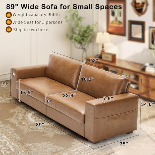 Image of Hanherry Faux Leather 89 inch Sofa for Living Room, Modern Comfy Sofa with Medium Firm Seat Cushion, Removable Cover,Wide Armrest,USB /Type-C Port,Couches for Small Space,Apartment