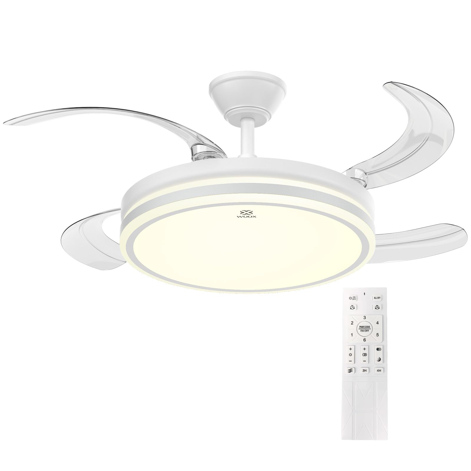 Woox Ceiling Fan with Light, 30 W DC Motor + 50 W Light with Brightness and CCT Dimmable without Stepping, Retractable Fan with 4 Blades, 6 Speeds, with Remote Control Function Summer and Winter