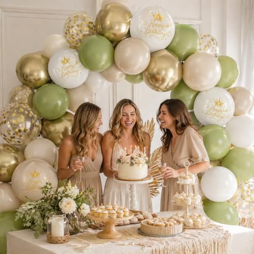 Image of Sage Green Sand White Gold Birthday Balloons, 12 Inch Olive Green Cream Beige Sand White Printed Balloons with Metallic Light Gold Confetti Balloon for Women Girls Boys Birthday Party Decorations