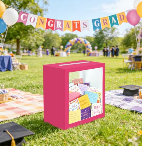 Image of SietDESEO Hot Pink Card Box for Party with Clear Window Large Gift Card Box Holder for Wedding Reception Birthday Graduation Baby Shower Raffle Ticket Box