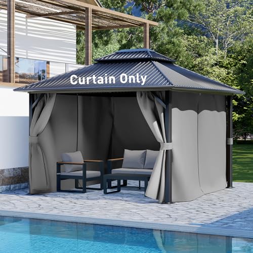 Aoodor 10 x 12 ft Gazebo Curtain Set, 4 Panels Gazebo Universal Replacement Privacy Sidewalls with Double Zipper, Gray
