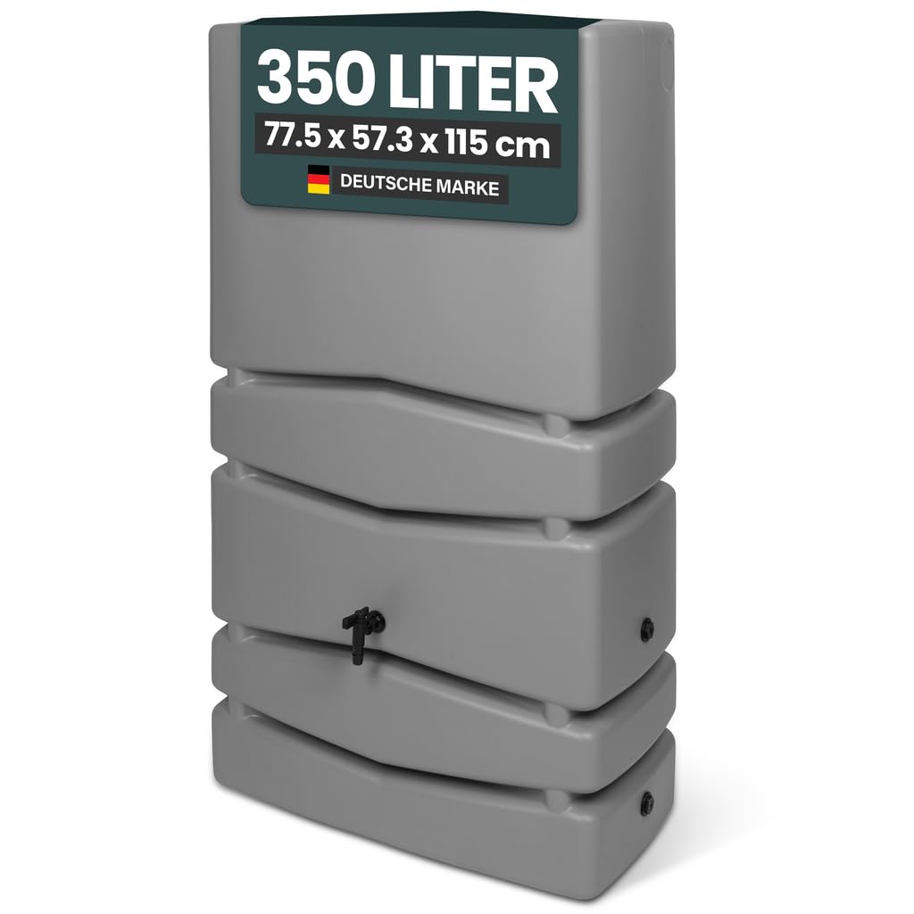 Kreher XXL Regentonne Aqua Tower Kunststoff, Auslaufhahn (350 L, Grau) | Robustes Regenfass aus PP mit Deckel und Fallrohr-Anschluss, edel-schlichtes Design als Regenwasserspeicher im Garten