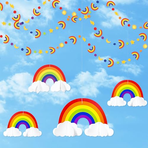 Image of Rainbow Party Decorations 3D Cloud Rainbow Cutout Circle Dots Star Moon Lightning Hanging Colorful Garland Streamer for Birthday Wedding Shower Carnival Party Decor Supplies