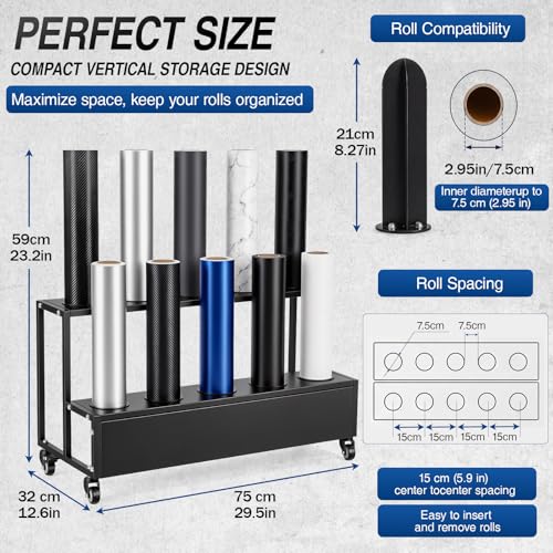 Image of 10 Rolls Large Vinyl Roll Holder Cart Heavy Duty Car Wrap Film Display Rack with Lockable Wheels Vinyl Roll Storage Organizer for Window Tint Wallpaper Textile Fabric Leather PVC Film