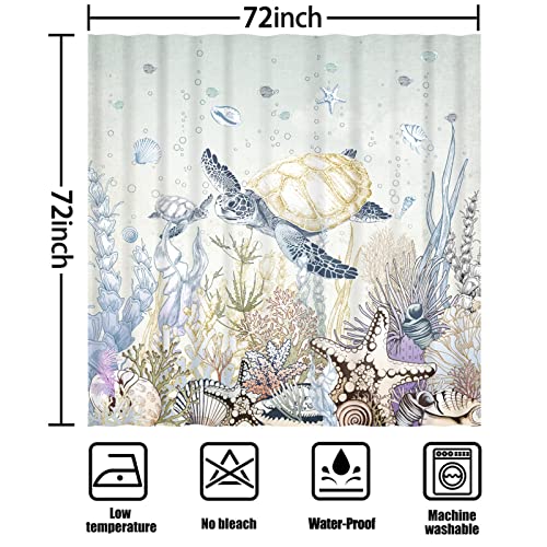 Leitingya Sea Turtle Shower Curtain, Blue Ocean Seaweed Seashell Shower Curtain, Underwater Marine Animals Shower Curtains For Bathroom, Waterproof Shower Curtain Set 12 Hooks Included -72X72 Inch #TOP3